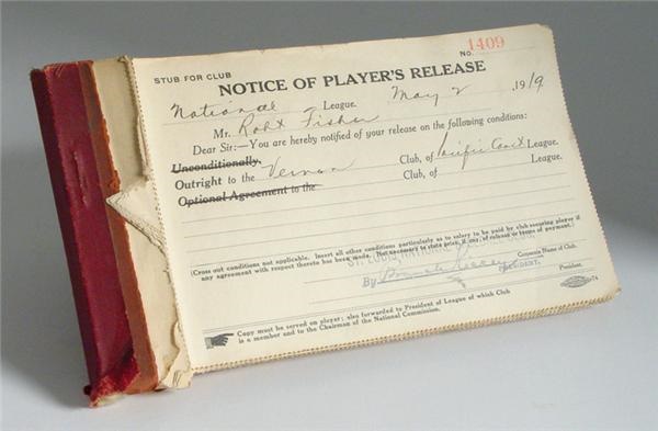 - Circa 1919 Notice of Player Release Book With Release of James Bottomley