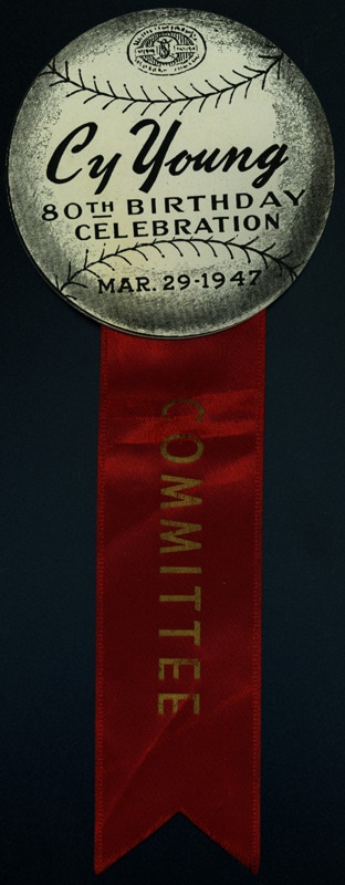 - 1947 Cy Young 80th Birthday Celluloid Pin with Rate "Committee" Ribbon