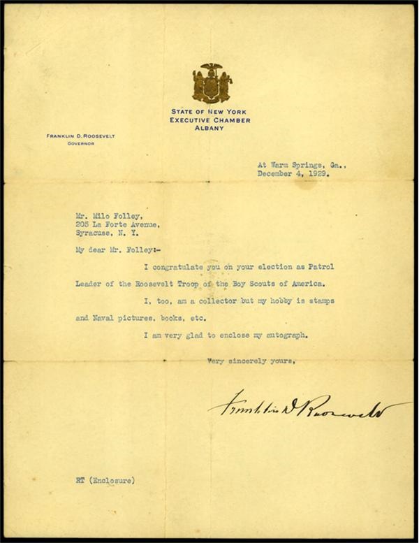 - 1929 Franklin D. Roosevelt TLS as Governor of New York