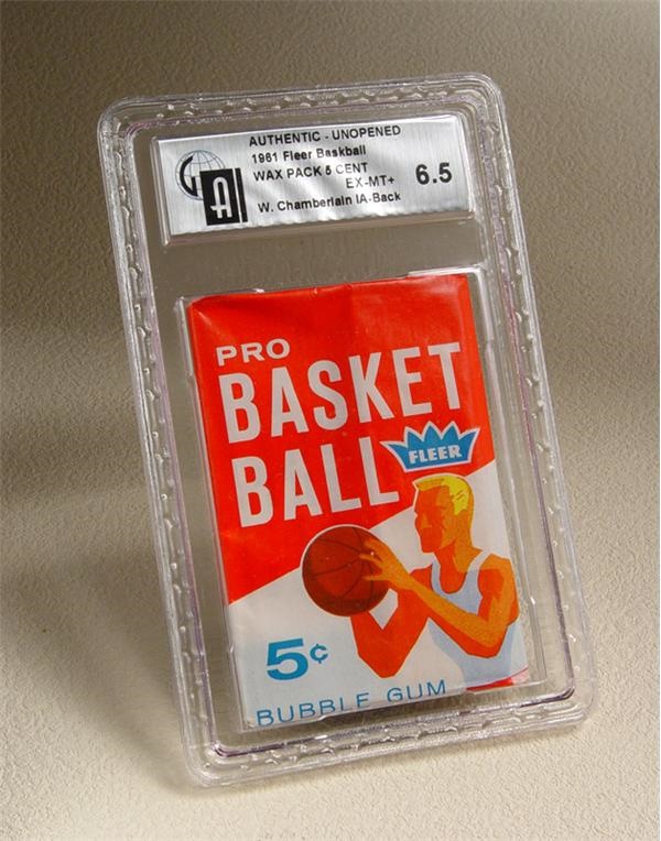 Unopened Cards - 1961/62 Fleer Basketball Wax Pack with Wilt Chamberlain In Action On Back GAI 6.5