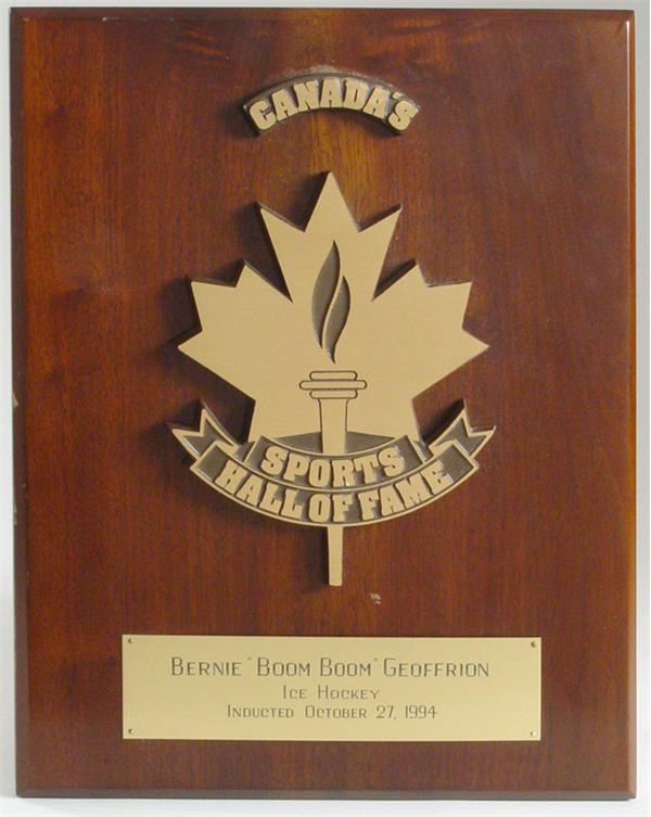 - Boom Boom Geoffrion's Canada Sports Hall Of Fame Induction Plaque.