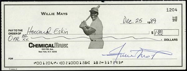 - Rare Willie Mays Signed Picture Check.