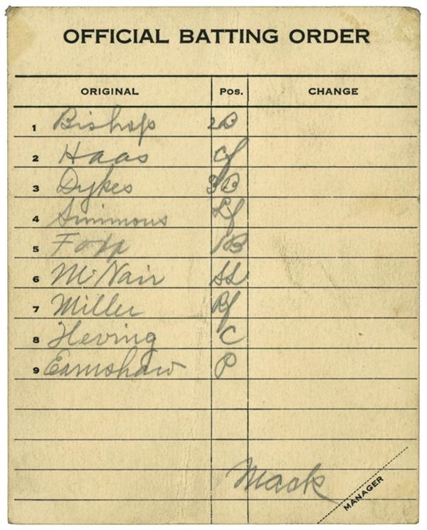 - 1930's Philadelphia Athletics Line-Up Card Filled Out & Signed by Connie Mack
