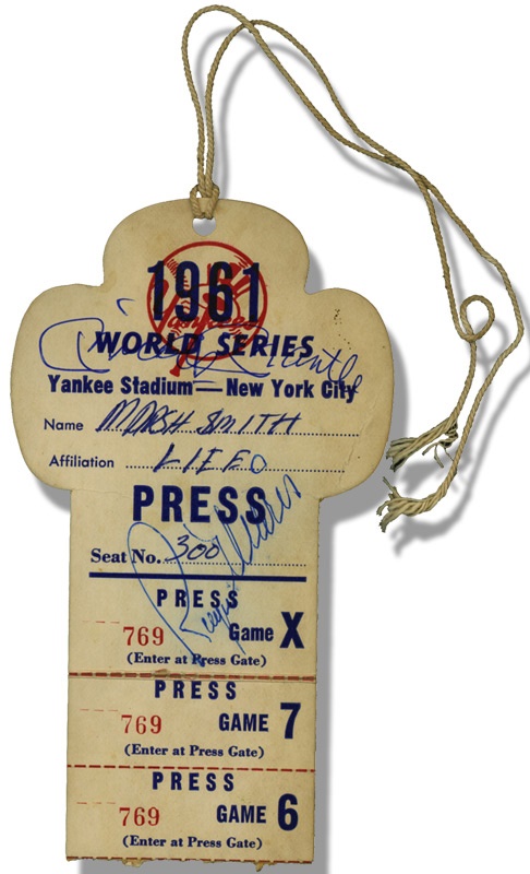 - Mantle and Maris Signed 1961 World Series Press Pass