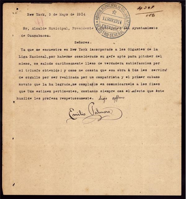- Emilio Palmero 1914 New York Giants Letter