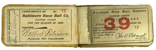 - Wilbert Robinson's Personal Signed 1908 Baltimore Orioles Season Pass Ticket Book