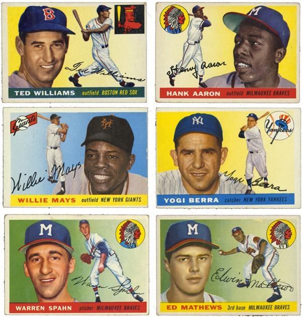- Lot of 6 1955 Topps Hall of Famers with Williams, Mays & Aaron