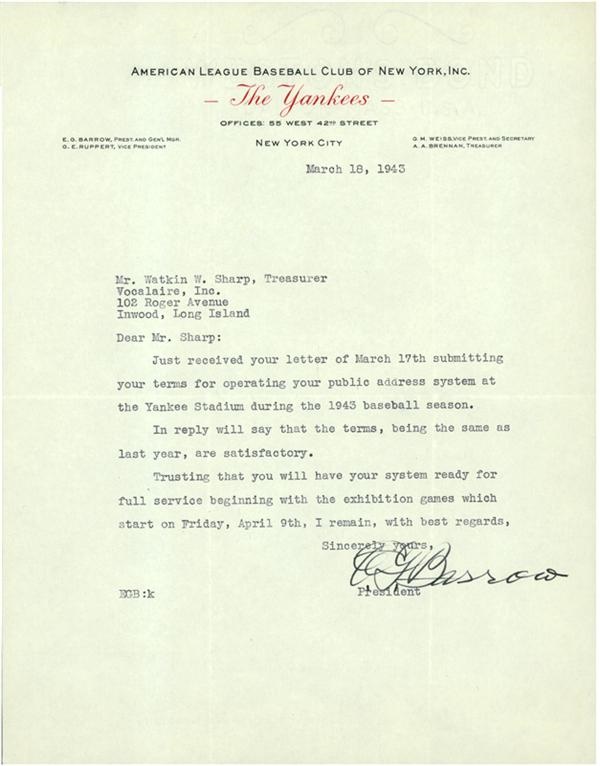 Ed Barrow 1943 Letter on Yankees Letterhead