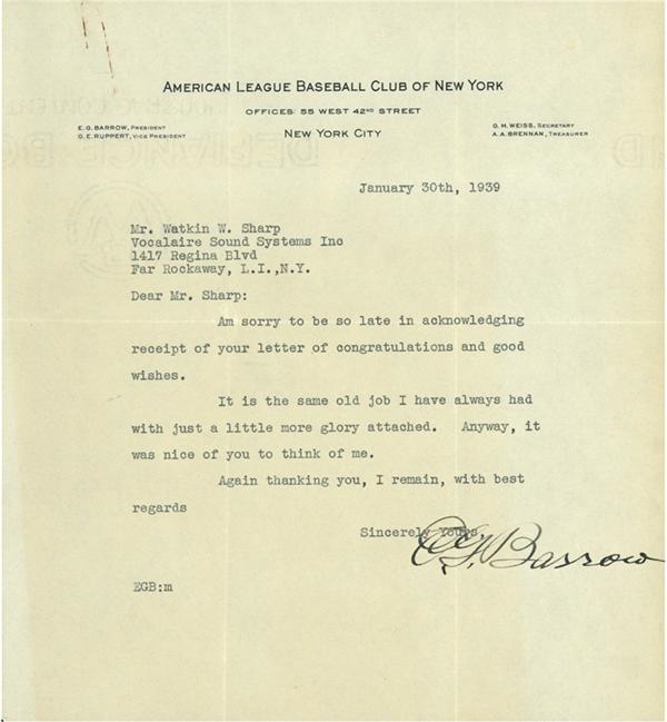 - Ed Barrow 1939 Acknowledgement Letter with Original Envelope