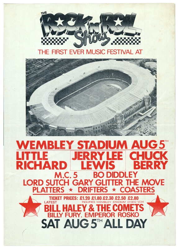 - 1967 Wembley Stadium Rock 'N Roll Show Flyer featuring Little Richard; Chuck Berry & Jerry Lee (6"x9")