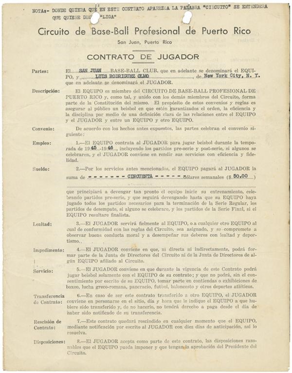 - 1945-46 Luis Rodriguez Olmo Original Puerto Rican League Contract
