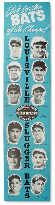 - 1939 Louisville Slugger Poster with Joe DiMaggio and rookie Ted Williams in Original Envelope