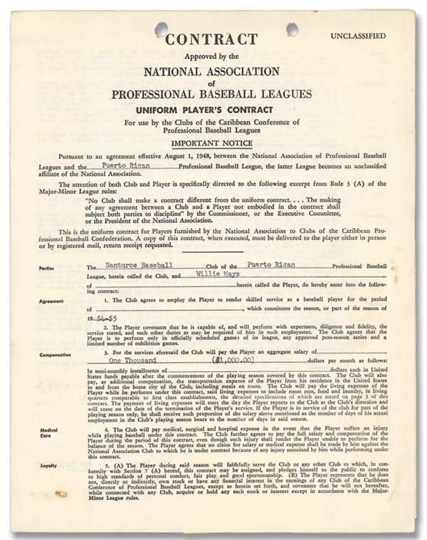 - Willie Mays 1954-55 Santurce Contract