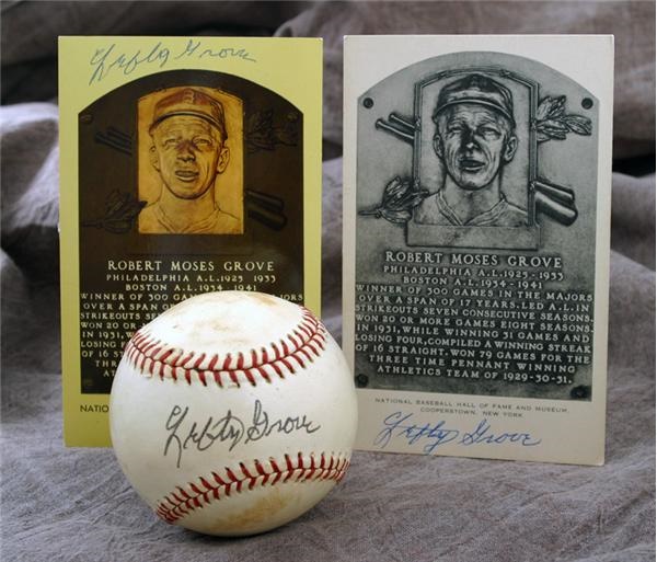 Single Signed Baseballs - Lefty Grove Single Signed Baseball & Hall of Fame Plaques