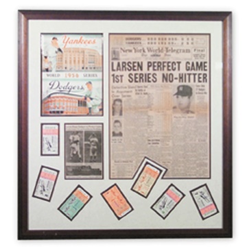 NY Yankees, Giants & Mets - 1956 Don Larsen World  Series Program & Ticket Display (32x32" framed)