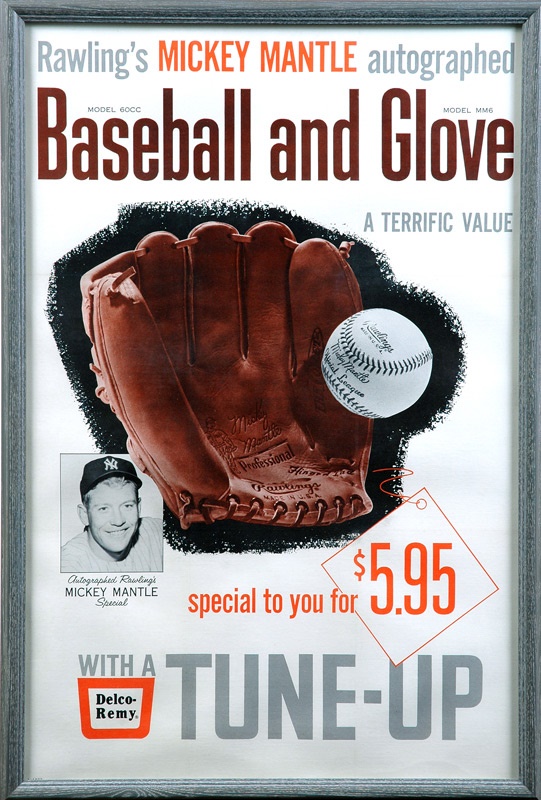 - 1950s Mickey Mantle Rawlings Baseball and Glove Advertising Sign