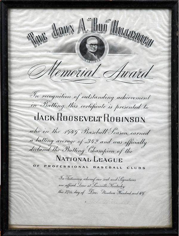 - Jackie Robinson 1949 Batting Title - John A. "Bud" Hillerich Memorial Award