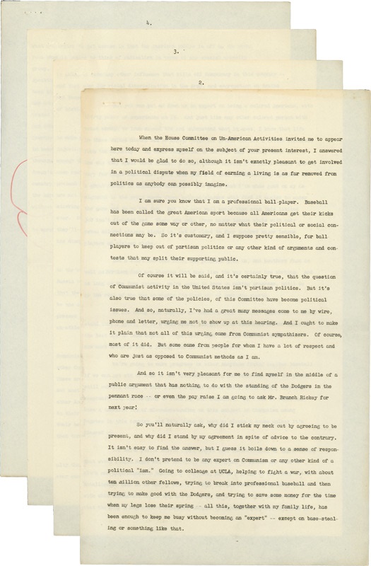 - Jackie Robinson 1949 Address to the House Un-American Activities Committee Original Typewritten Copy with Handwritten Notes