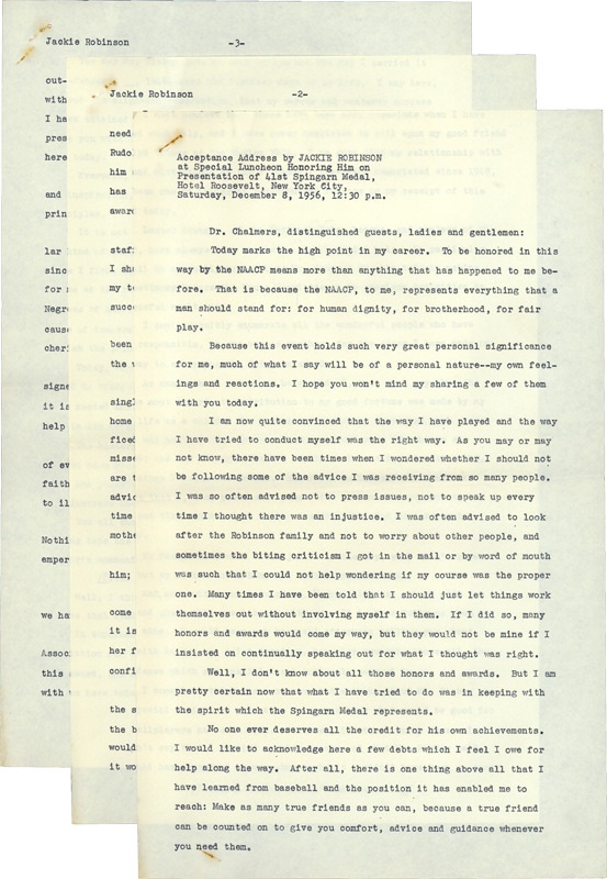- 1956 Jackie Robinson Typewritten Speech For His Acceptance of NAACP Award
