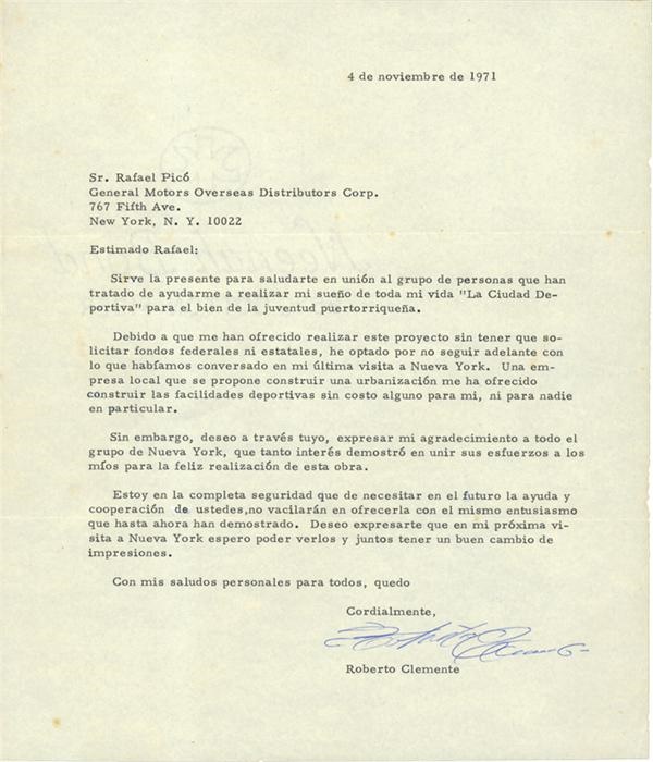 - Roberto Clemente Signed Letter