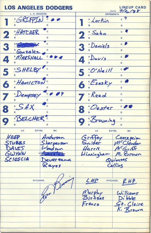 - Official Dugout Lineup Card from Tom Browning's Perfect Game