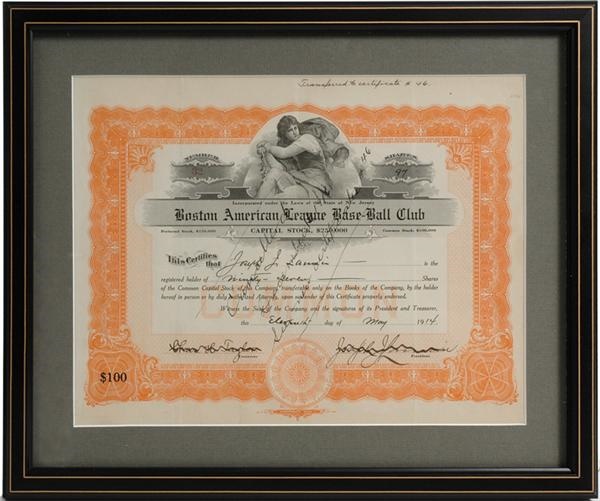 - 1914 Boston American League Baseball Club Stock Certificate