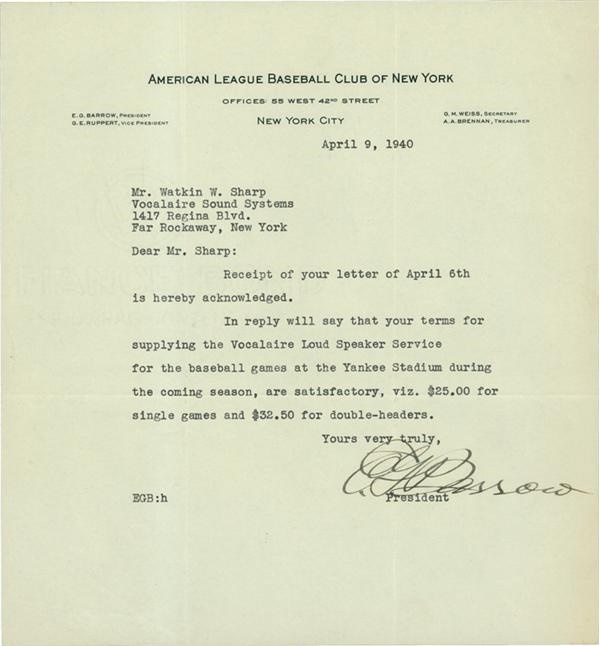 - Ed Barrow 1940 Acknowledgement Letter