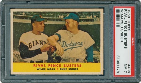 - 1958 Topps #436 Rival Fence Busters Mays/Snider PSA 7 NRMT