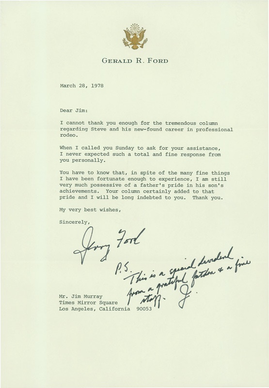 Jim Murray Letter Collection - Gerald Ford Signed Letter Thanking Jim Murray for Column on His Son