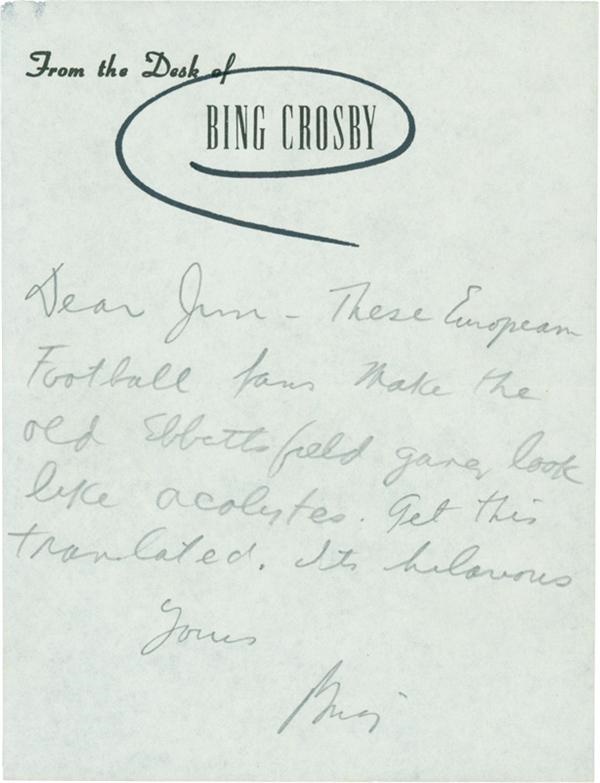 Bing Crosby Signed Note Regarding World Football