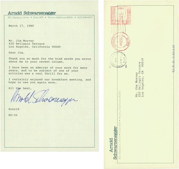 Jim Murray Letter Collection - Arnold Schwartzeneger Signed Thank You Note with Envelope