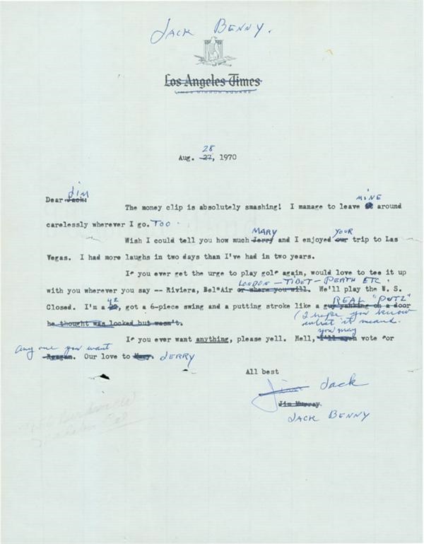 - Jack Benny Signed Letter with Vacation Content