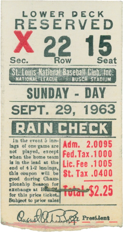 Memorabilia - Stan Musial's Last Game Ticket Stub - 1963