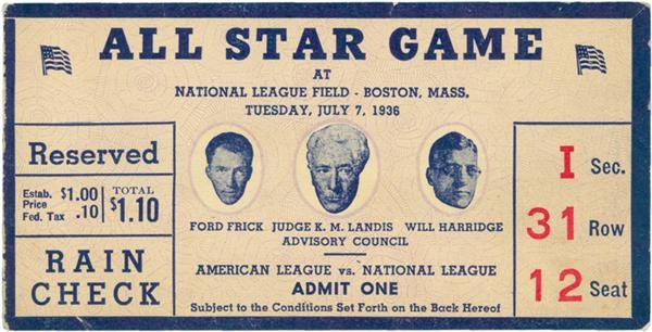 Memorabilia - 1936 All Star Game At Boston Ticket Stub