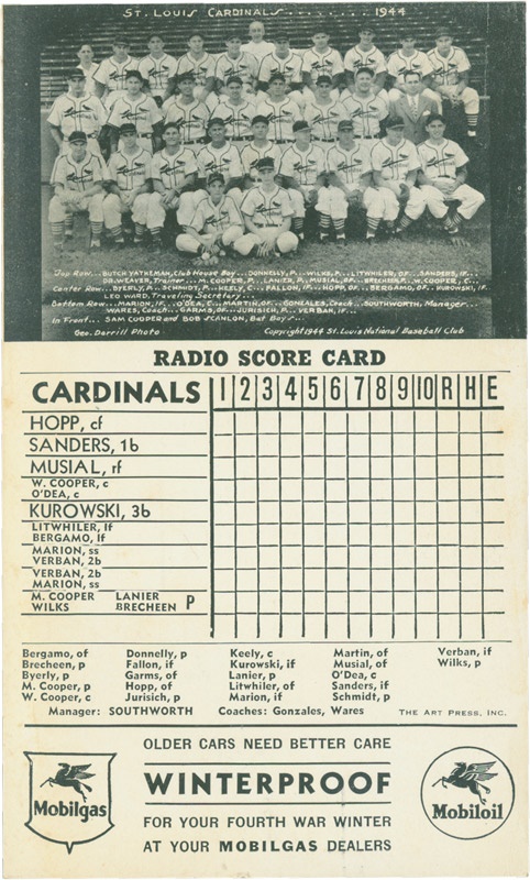 Memorabilia - 1944 St. Louis Cardinals & Browns Advertising Photo Scorecard (Mobil Gas)