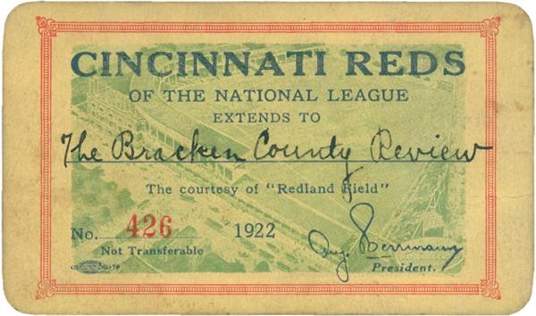 Memorabilia - 1922 Cincinnati Reds Season Pass with Schedule on Back