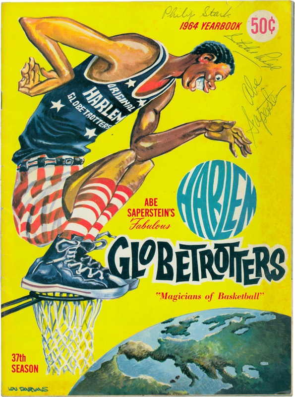 Autographs - 1964 Harlem Globetrotters Yearbook Signed by Satchel Pagie, Philip Stark & Abe Saperstein