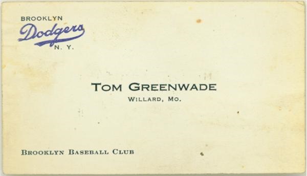 Memorabilia - Tom Greenwade Brooklyn Dodger Business Card (Man Who Discovered Mickey Mantle)