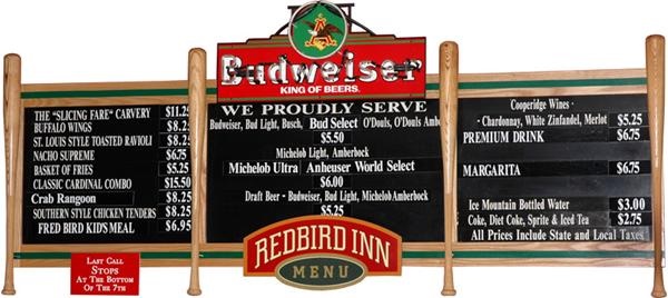 - Large Front Bar Menu with Budweiser Neon Sign from Busch Stadium “Redbird Inn”