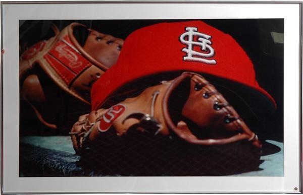 - Framed Cardinals Hat and  Baseball Gloves Photograph from Cardinals Office