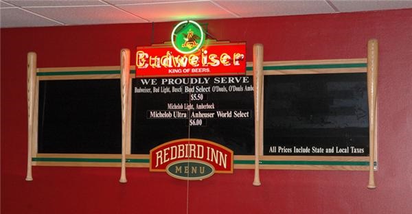 - Large Back Bar Menu with Budweiser Neon Sign from Busch Stadium “Redbird Inn”