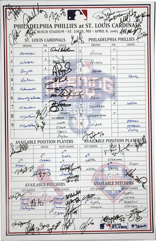 - 2005 Home Opener Lineup  Card vs. Phillies - Player Signed