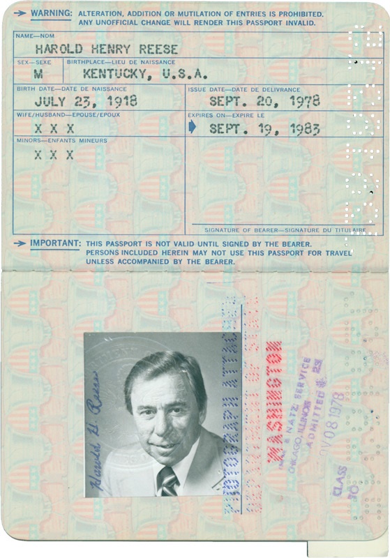 Dodgers - Pee Wee Reese’s 
Signed Passport