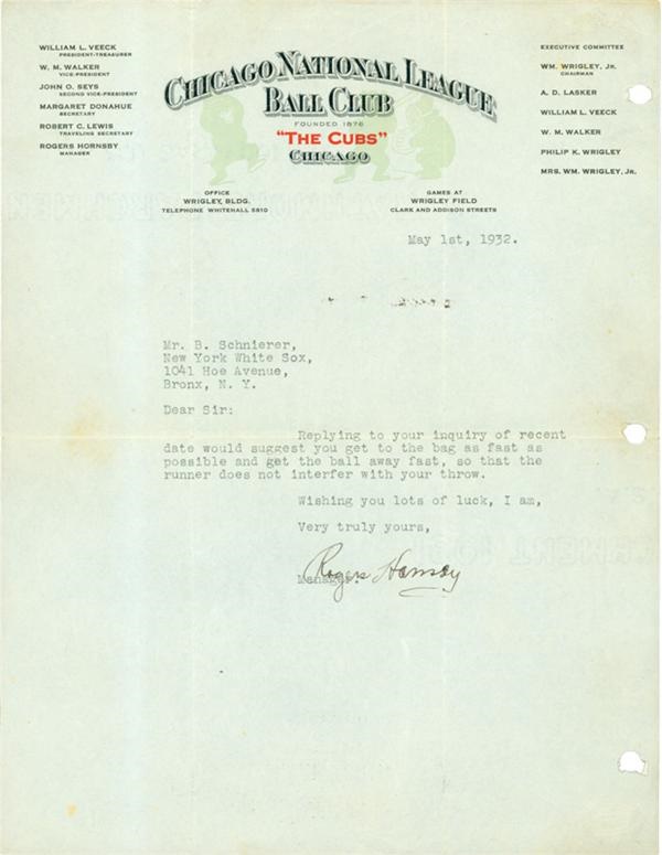 Rogers Hornsby And Eddie Collins Signed Letters