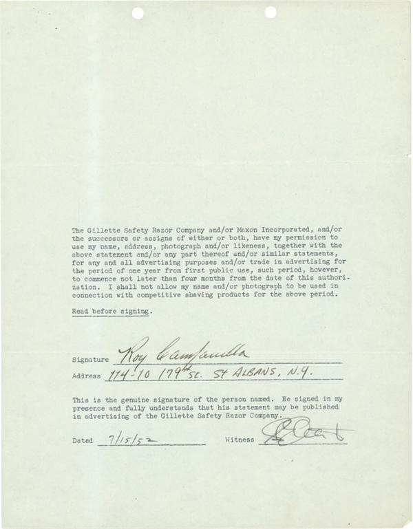 - 1952 Roy Campanella Signed Gillette Contract