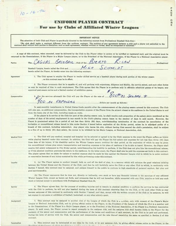 Baseball Autographs - Mike Schmidt 1972 Contract