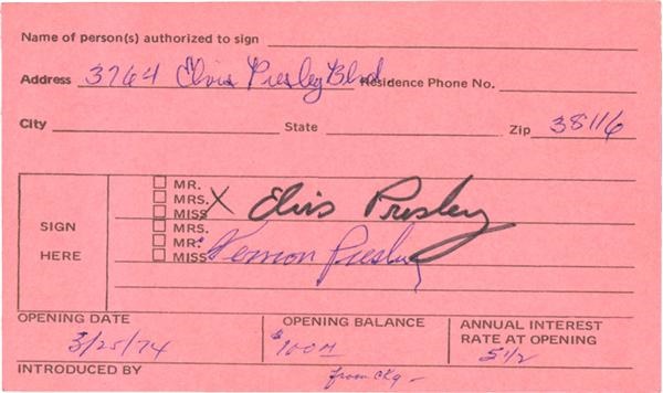 - Elvis Presley & Vernon Presley 
Signed Bank Account Signature Card