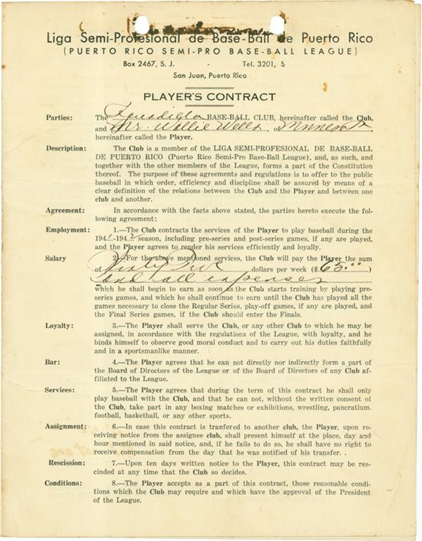 - Only Known Contract Of Hall Of Famer And Negro League Star Willie Wells