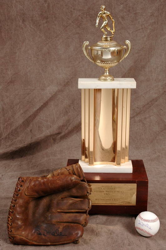 - Sam Mele Game Used Glove, 1965 Outstanding Manager Trophy, And Signed Baseball