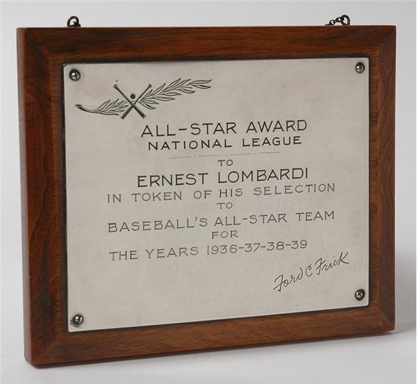 - 1939 Ernie Lombardi 
National League All Star Award Plaque